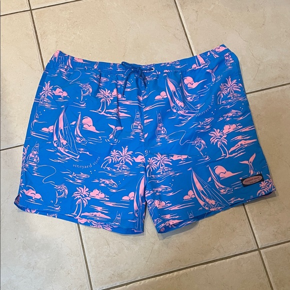 Vineyard Vines Tropical Blue and Pink Swim Trunks - Picture 1 of 6